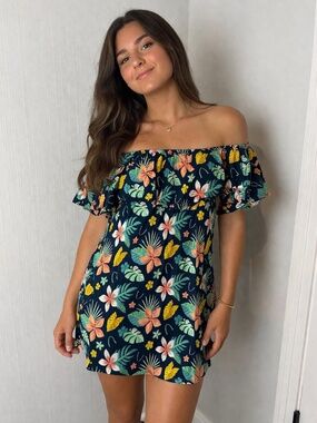 Disney Aulani Ko Olina Hawai’i Dress Navy Off-Shoulder Floral size M Rare